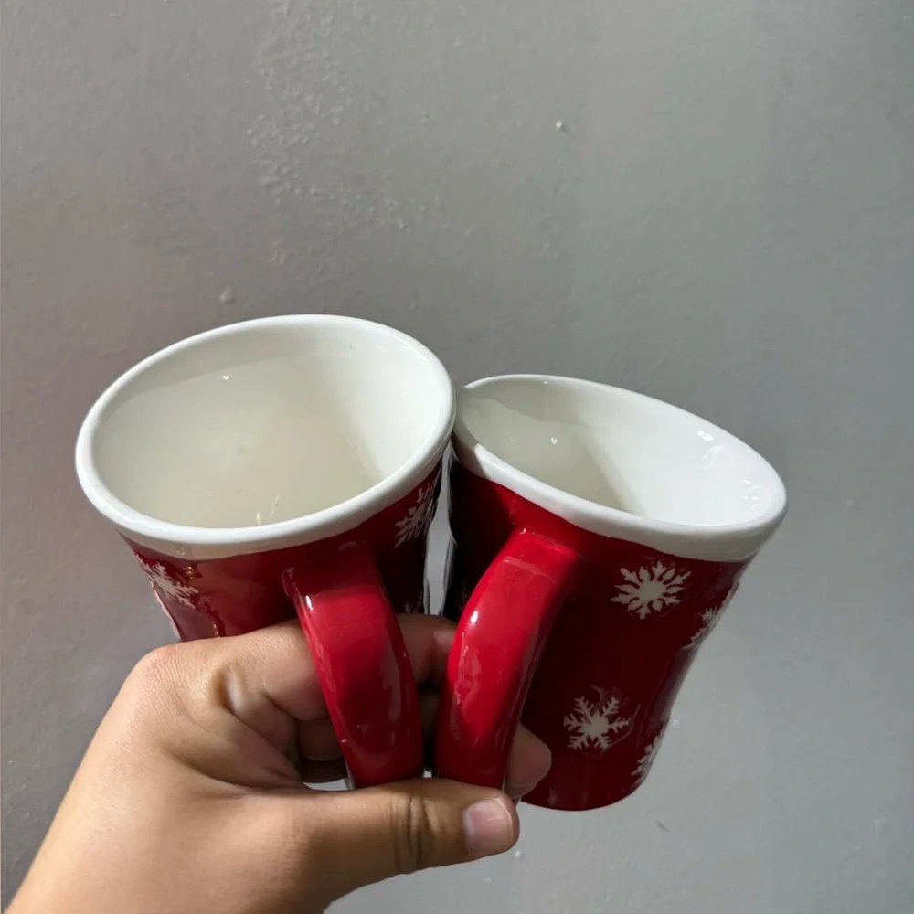Festive Red Holiday Mugs with Snowflake Design
